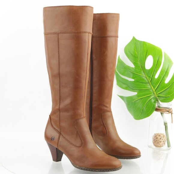 Born Women Mallory Riding Boots Size 8 Tall Cognac Leather Block Heel Elegant - Picture 15 of 16